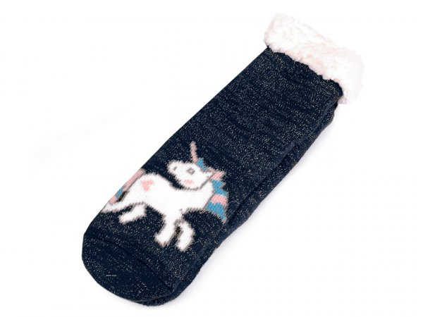 Dětské ponožky zimní s protiskluzem a lurexem jednorožec