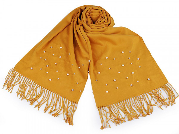 Šátek / šála typu pashmina s perlami a třásněmi 65x180 cm