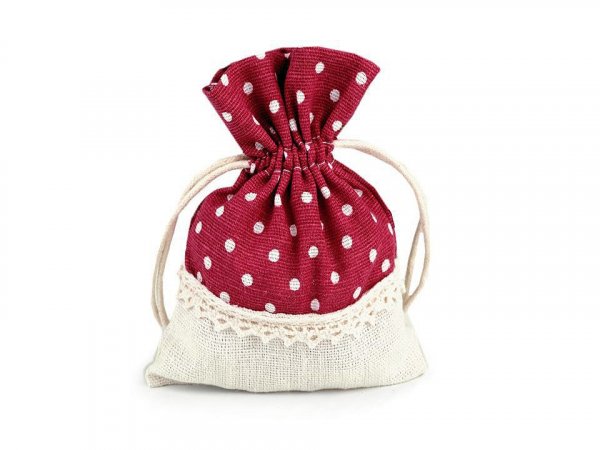 Dárkový pytlík 10x13 cm lněný s puntíky a krajkou