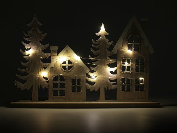 Dřevěná dekorace zimní domečky svítící LED