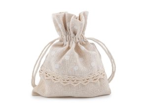 Dárkový pytlík 10x13 cm lněný s puntíky a krajkou