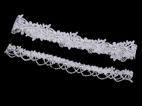 Svatební podvazek dvojitý, krajkový s perlami