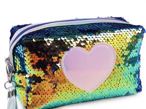 Pouzdro / kosmetická taška s oboustrannými flitry a srdcem 11x18 cm