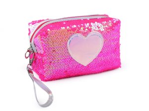 Pouzdro / kosmetická taška s oboustrannými flitry a srdcem 11x18 cm - 2 pink