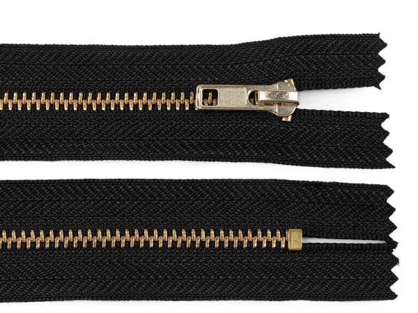 Kovový / mosazný zip šíře 4 mm délka 12 cm kalhotový