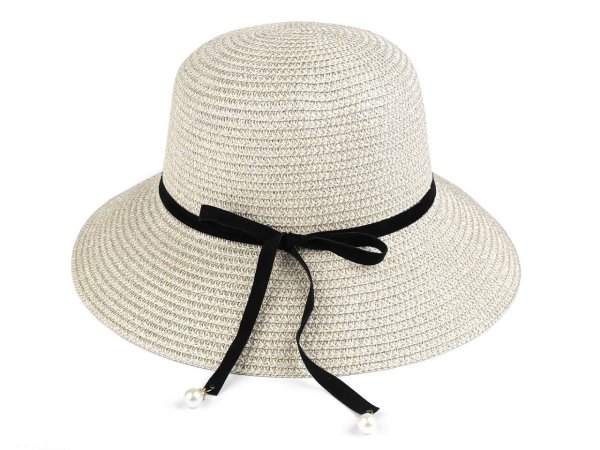 Dámský letní klobouk / slamák se sametovou mašlí a perlami