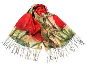 Šátek / šála s třásněmi malované květy 70x175 cm - 1 červená