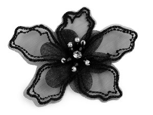 Květ s kamínkem a korálky k našití a nalepení Ø8 cm - 7 černá