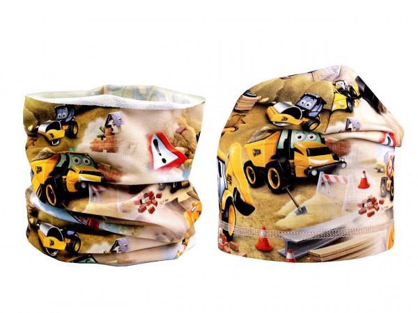 Chlapecká sada čepice a nákrčník bagr, dinosaurus, skateboard
