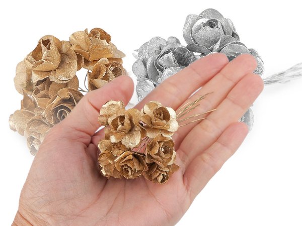 Umělá papírová mini růže metalická na drátku