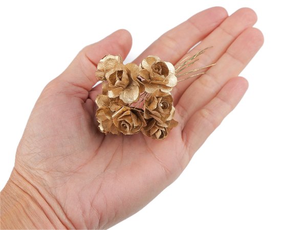Umělá papírová mini růže metalická na drátku